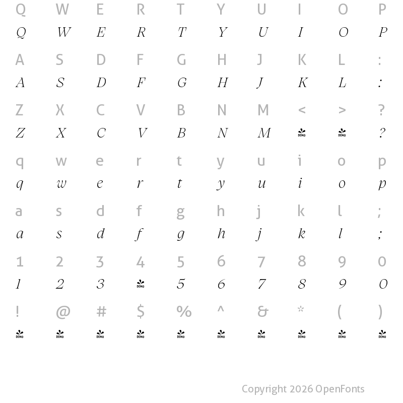 Character Map of FONTSPRING DEMO - Charlea ExtLt Italic