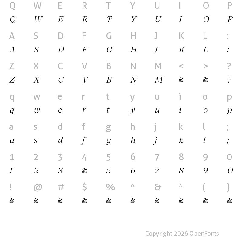 Character Map of FONTSPRING DEMO - Charlea Light Italic