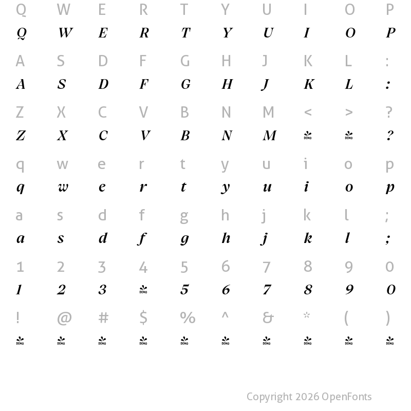 Character Map of FONTSPRING DEMO - Charlea SemBd Italic