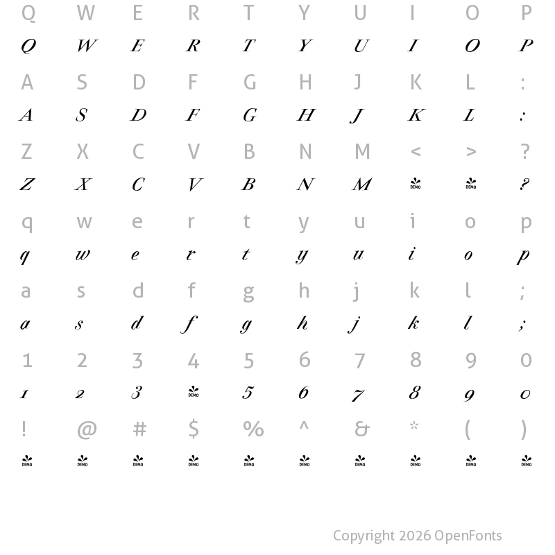Character Map of FONTSPRING DEMO - Charpentier Classicistique Pro Italic