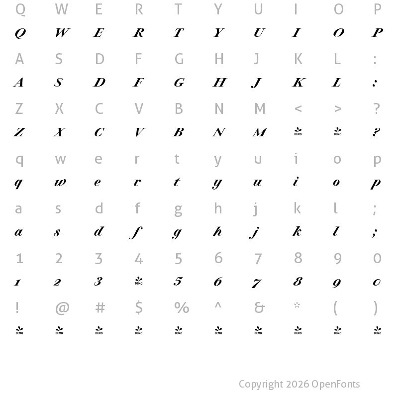 Character Map of FONTSPRING DEMO - Charpentier Classicistique Pro Semibold Italic