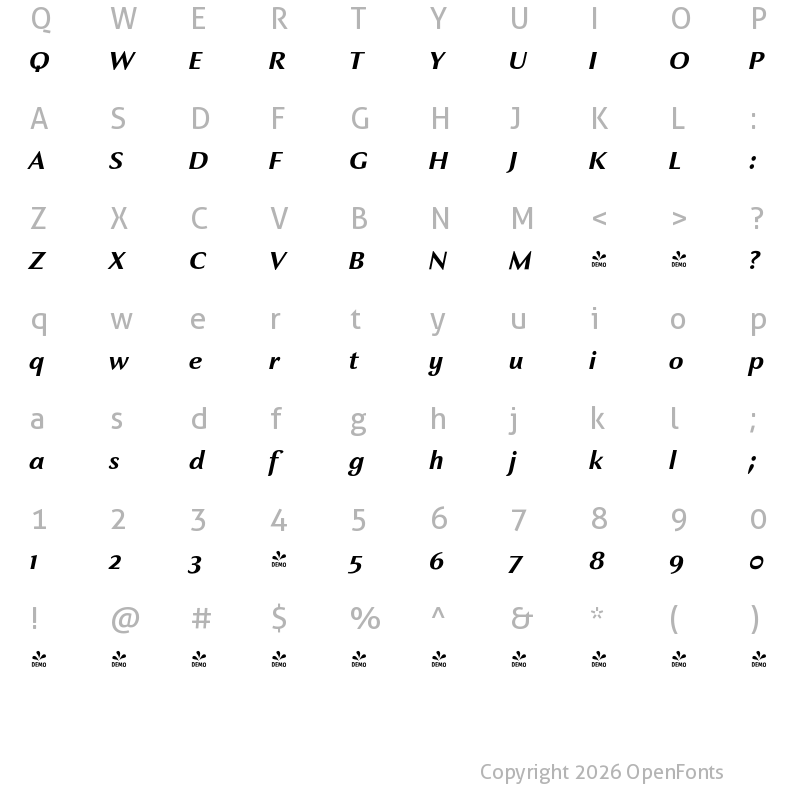 Character Map of FONTSPRING DEMO - Charpentier Sans Pro 66 Demi Italique