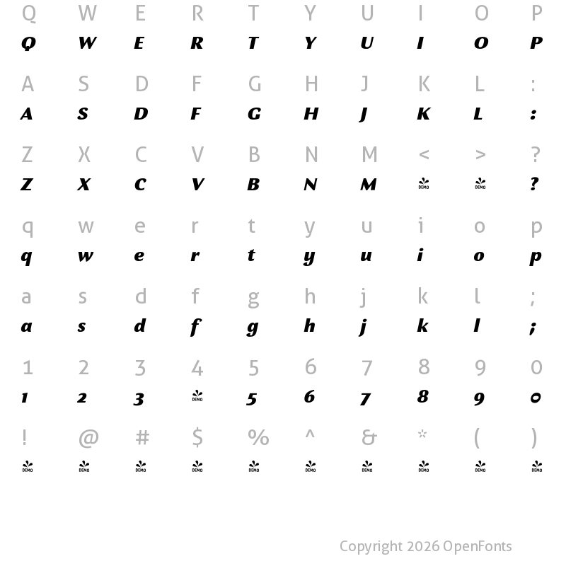 Character Map of FONTSPRING DEMO - Charpentier Sans Pro 76 Gros Italique