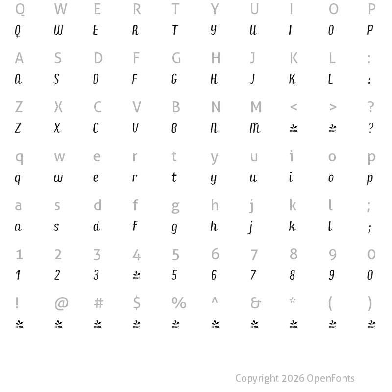 Character Map of FONTSPRING DEMO - Checkin Script Oblique Layer Texture Regular