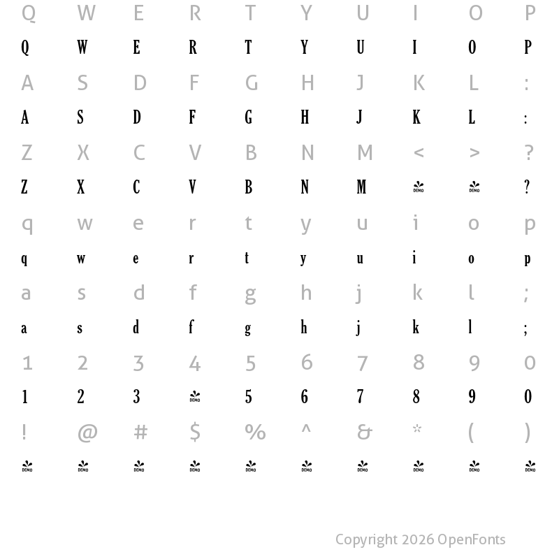 Character Map of FONTSPRING DEMO - Cheltenham Extra Condensed Pro Bold