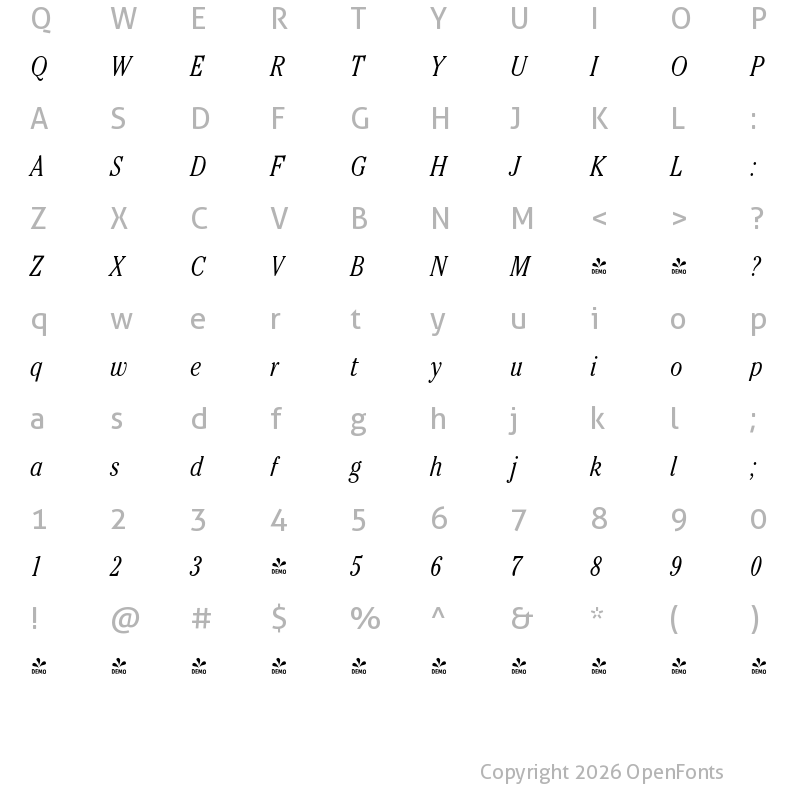 Character Map of FONTSPRING DEMO - Cheltenham Pro Cd Light Italic