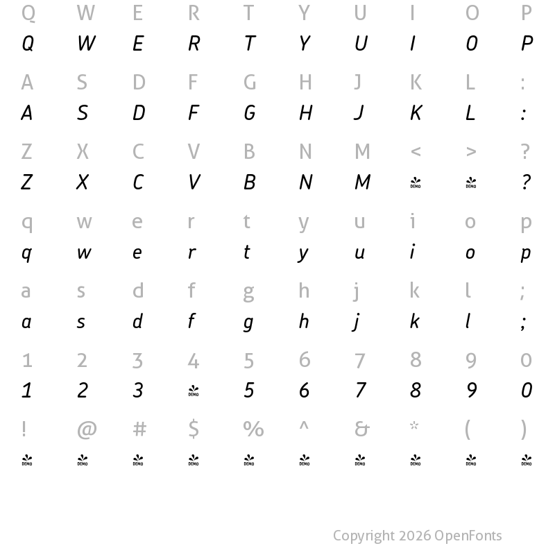 Character Map of FONTSPRING DEMO - Chevin Std Medium Italic