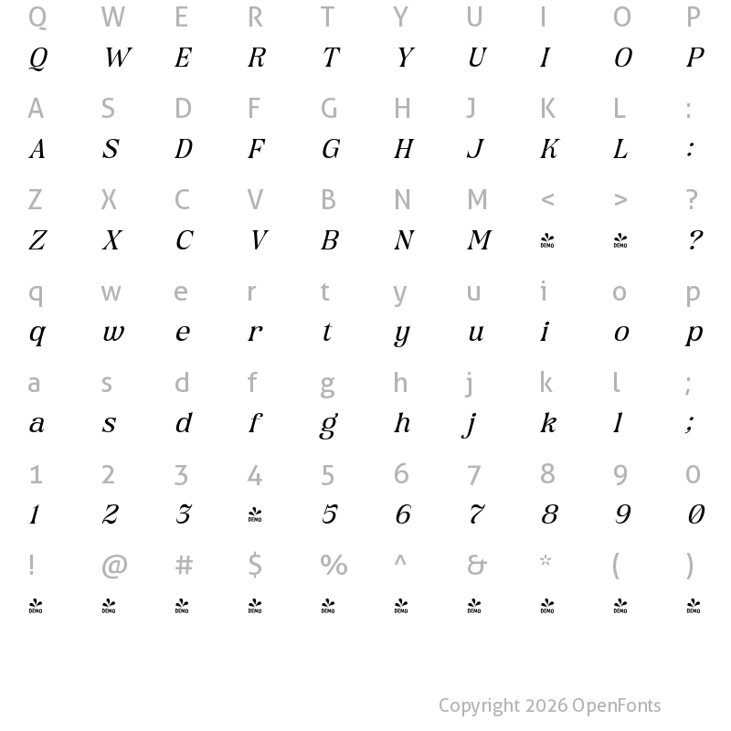 Character Map of FONTSPRING DEMO - Chiefland Italic