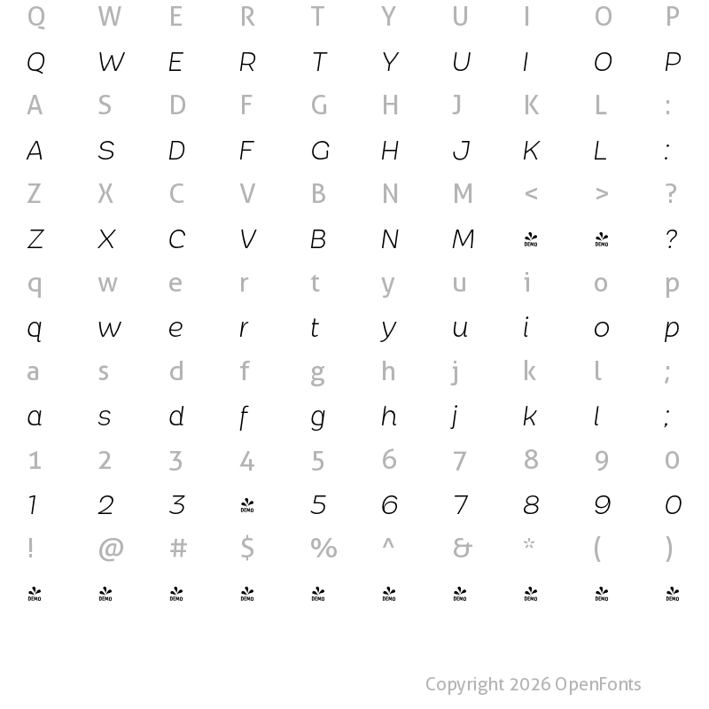 Character Map of FONTSPRING DEMO - Chopsee Light Italic