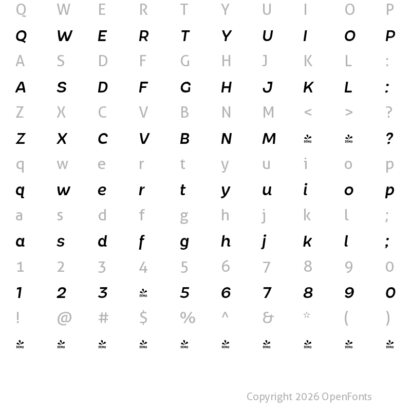 Character Map of FONTSPRING DEMO - Chopsee Semi Bold Italic