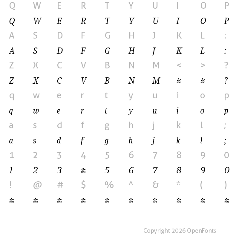 Character Map of FONTSPRING DEMO - Chucara next Book Italic