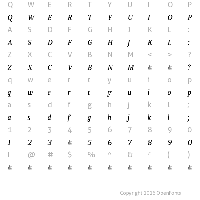 Character Map of FONTSPRING DEMO - Chucara next Normal Italic