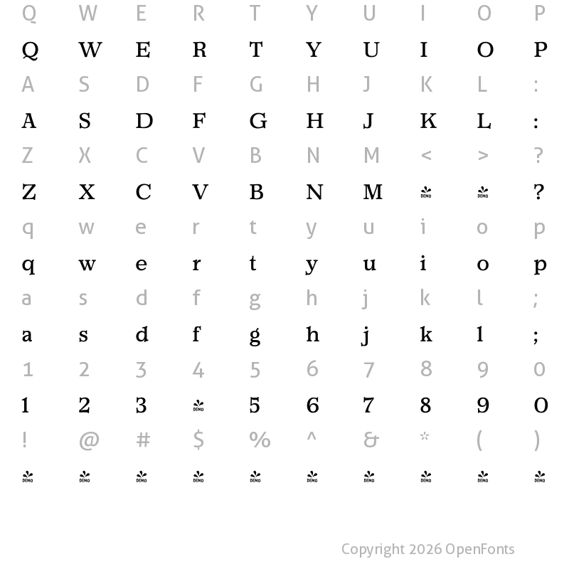 Character Map of FONTSPRING DEMO - Churchward Newstype Book Regular