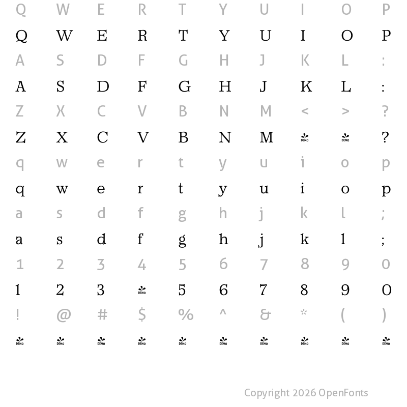 Character Map of FONTSPRING DEMO - Churchward Newstype Light Regular