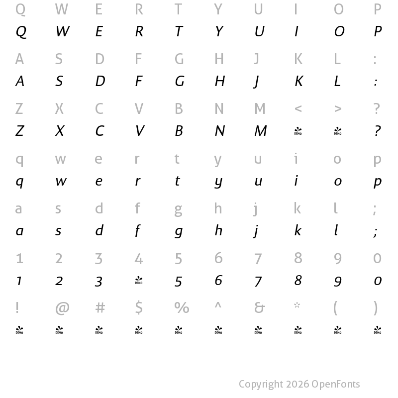 Character Map of FONTSPRING DEMO - Cielo Italic Italic