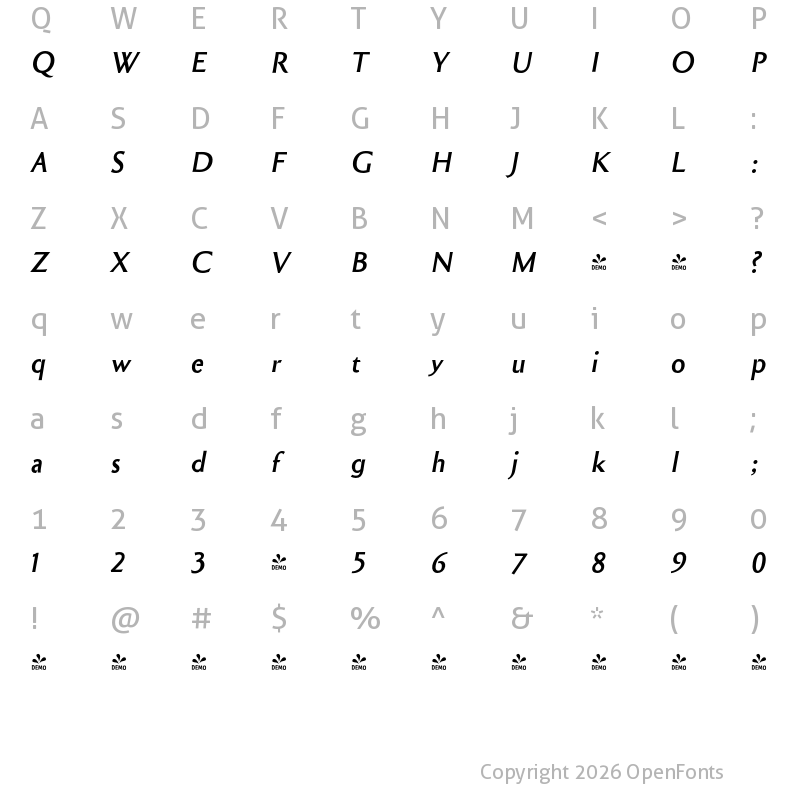 Character Map of FONTSPRING DEMO - CimiezBoldItalic Italic