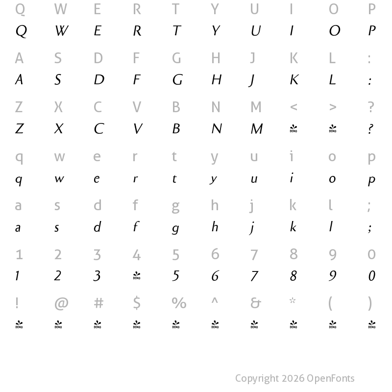 Character Map of FONTSPRING DEMO - CimiezItalic Italic