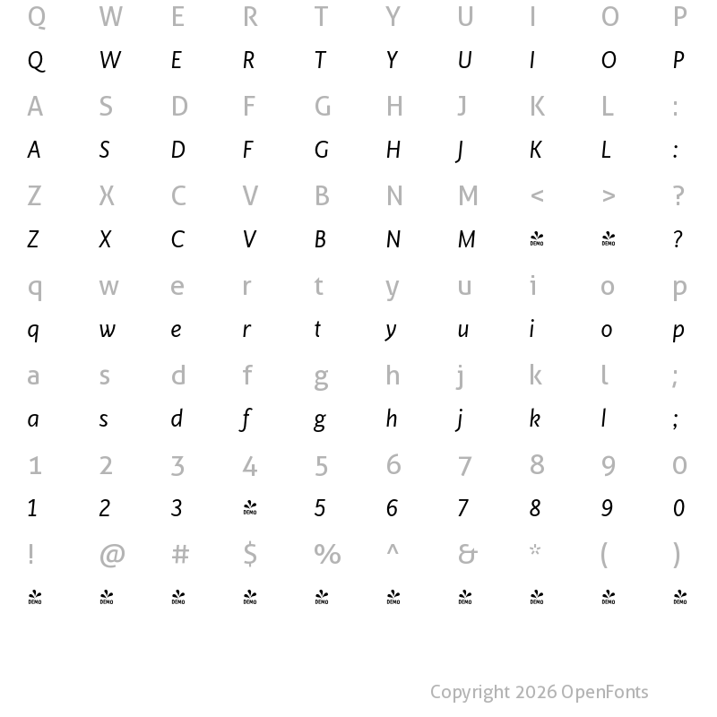 Character Map of FONTSPRING DEMO - Cinta Book Italic