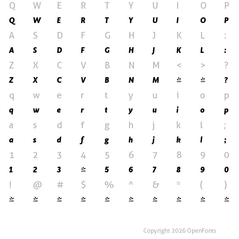 Character Map of FONTSPRING DEMO - Cinta Heavy Italic