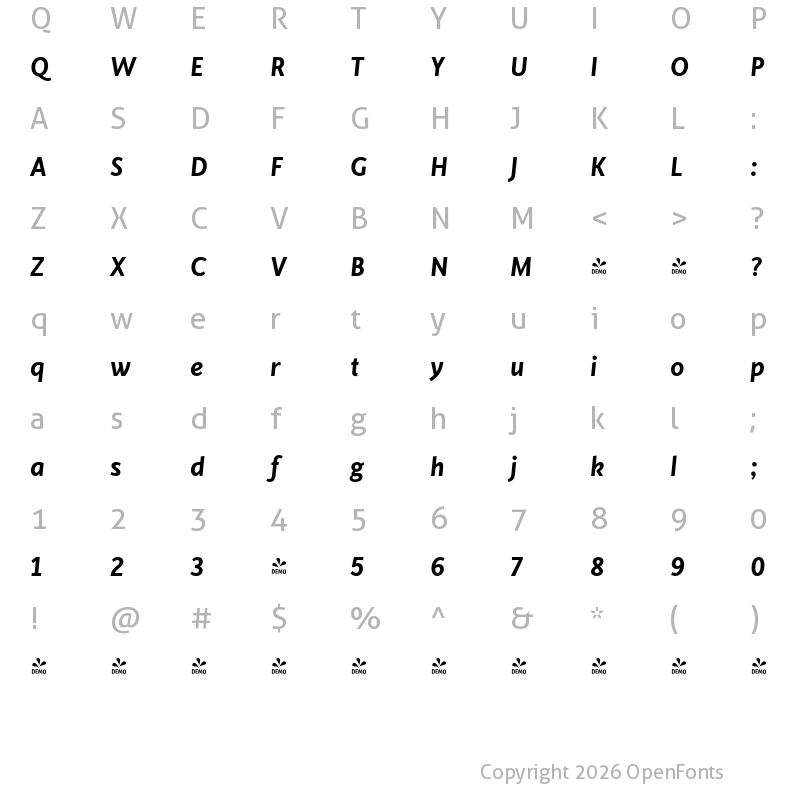 Character Map of FONTSPRING DEMO - Cinta Semibold Italic