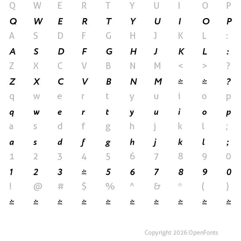 Character Map of FONTSPRING DEMO - Circe Bold Italic