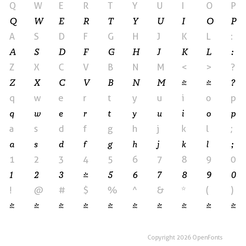 Character Map of FONTSPRING DEMO - Circe Slab A Medium Italic