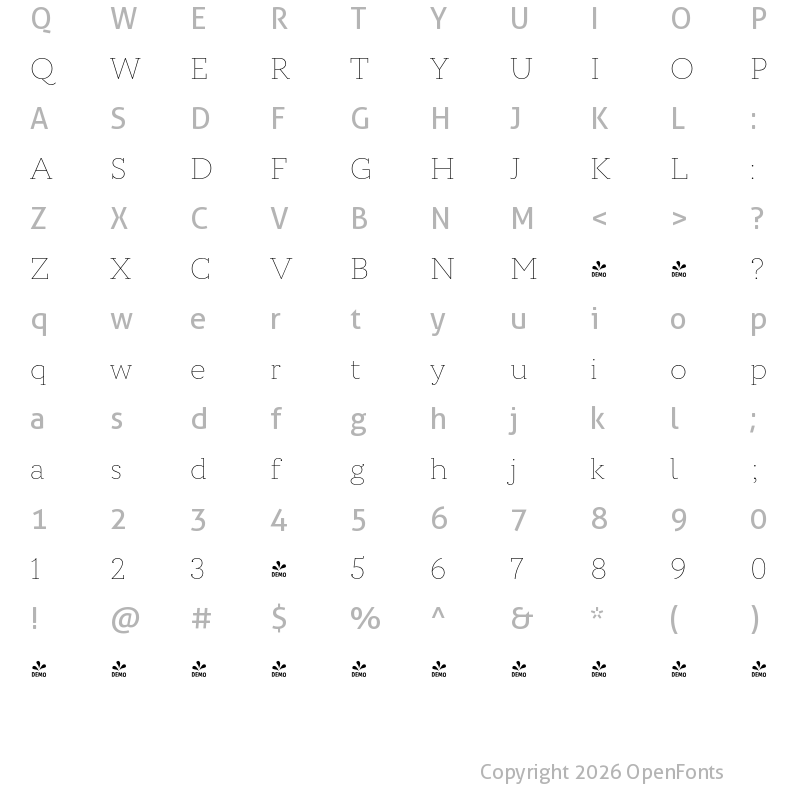 Character Map of FONTSPRING DEMO - Circe Slab A Thin Regular