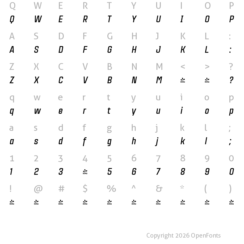 Character Map of FONTSPRING DEMO - Citadina Bold Italic Regular