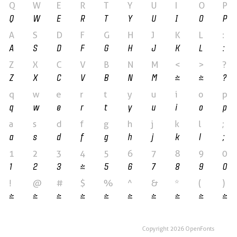 Character Map of FONTSPRING DEMO - Citadina Medium Italic Regular