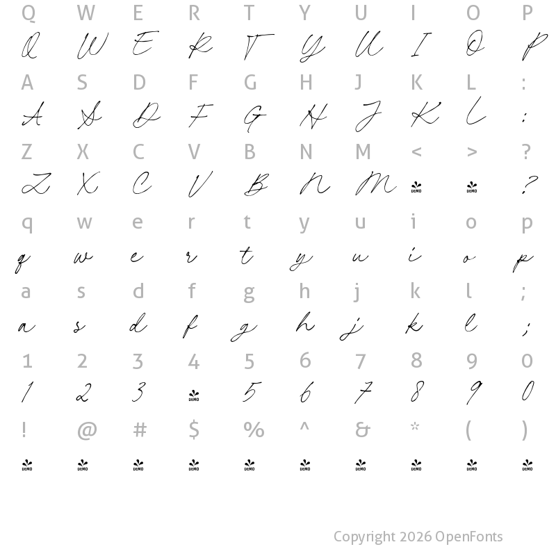 Character Map of FONTSPRING DEMO - Claire Palmer Script Regular