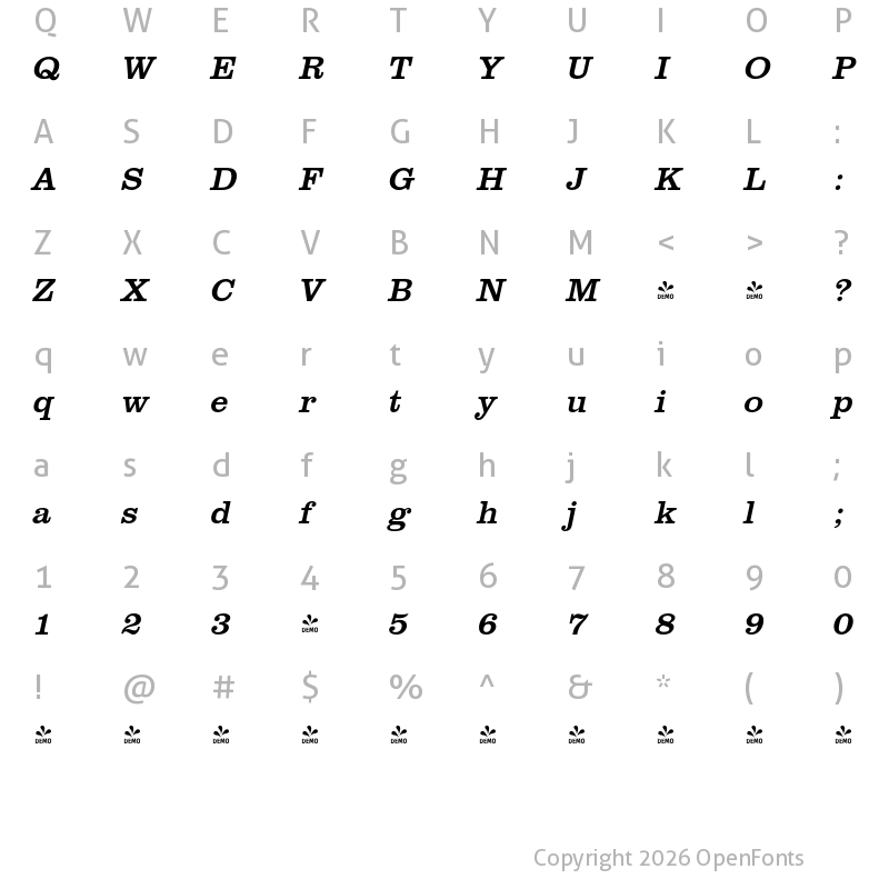 Character Map of FONTSPRING DEMO - ClarendonURW Italic