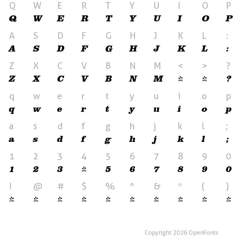 Character Map of FONTSPRING DEMO - ClarendonURWExtBol Italic