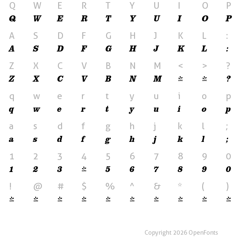 Character Map of FONTSPRING DEMO - ClarendonURWExtNar Bold Italic