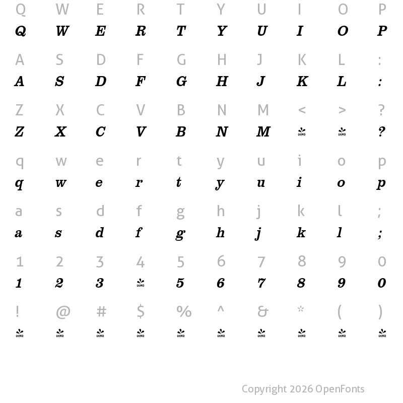 Character Map of FONTSPRING DEMO - ClarendonURWExtNar Italic