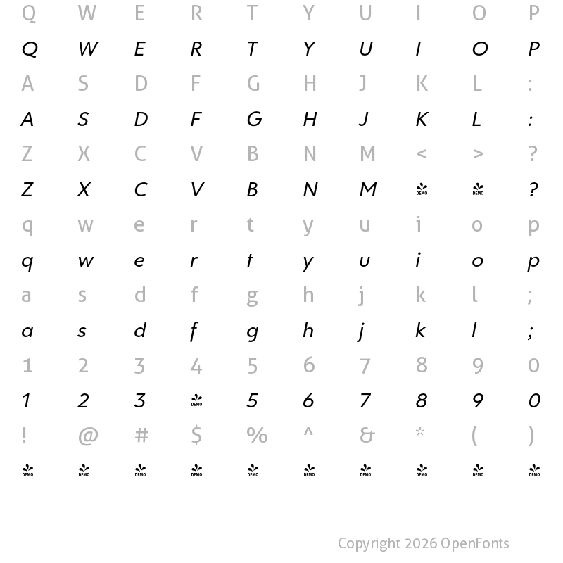 Character Map of FONTSPRING DEMO - Clarika Geometric Italic