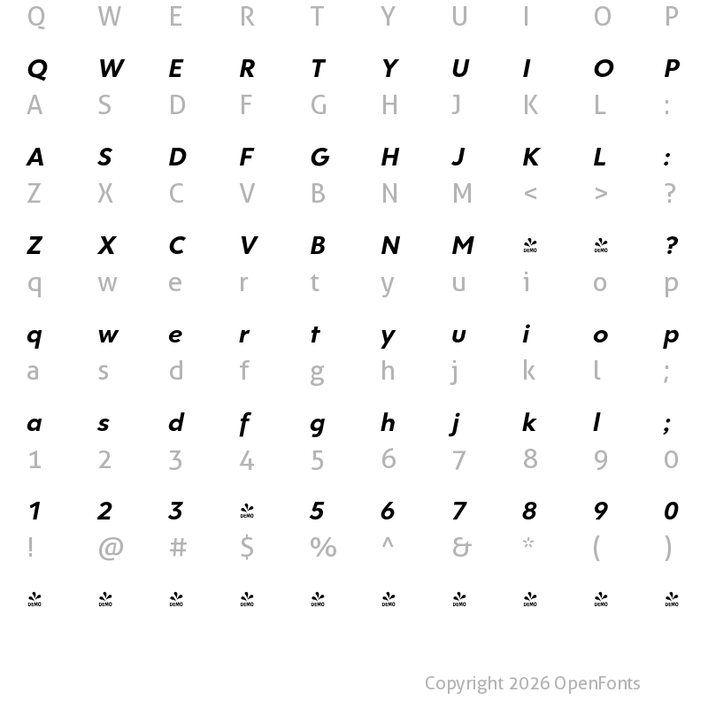 Character Map of FONTSPRING DEMO - Clarika Office Geometric Bold Italic