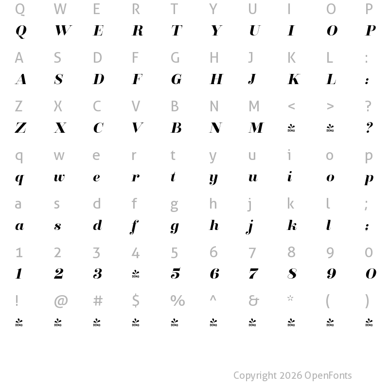 Character Map of FONTSPRING DEMO - Clarize Bold Italic