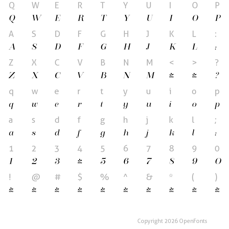 Character Map of FONTSPRING DEMO - Clarize Italic