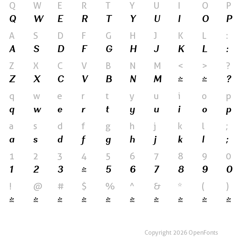 Character Map of FONTSPRING DEMO - Clasica Sans Bold Italic