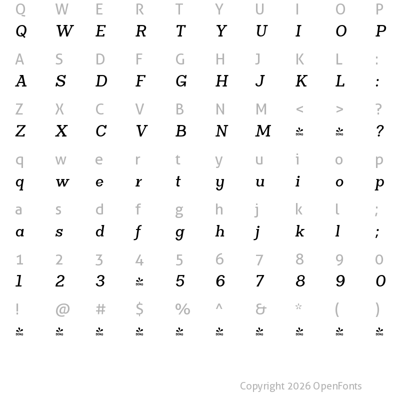 Character Map of FONTSPRING DEMO - Clasica Slab Bold Bold Italic