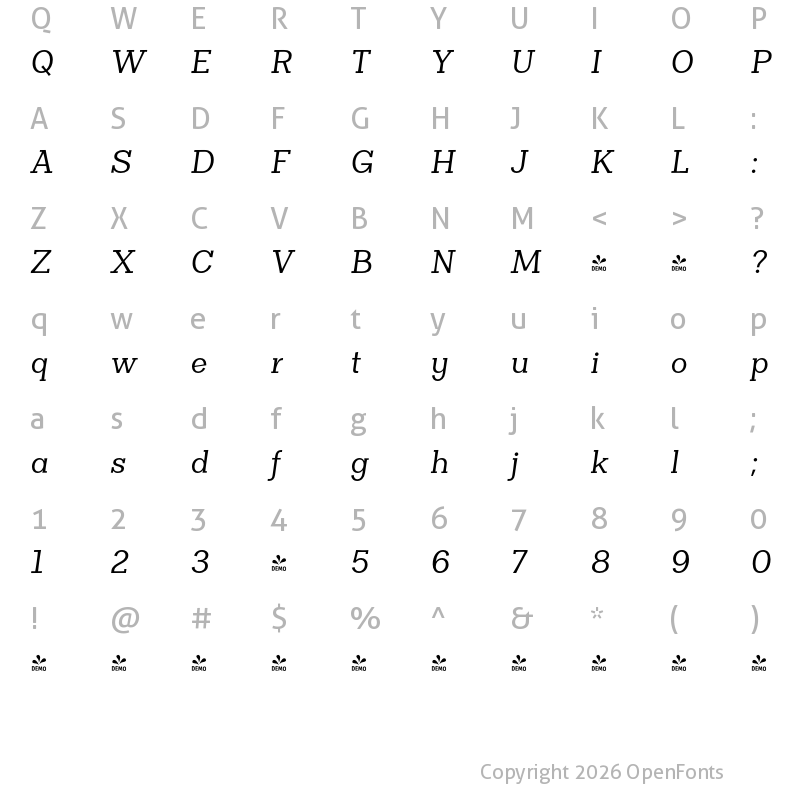 Character Map of FONTSPRING DEMO - Clasica Slab Italic