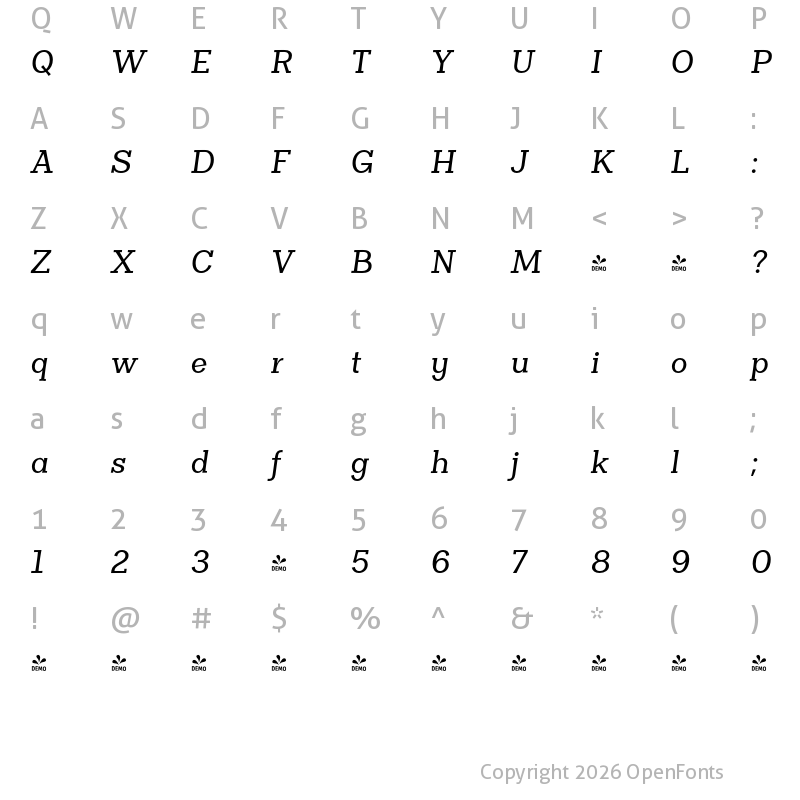 Character Map of FONTSPRING DEMO - Clasica Slab Medium Medium Italic