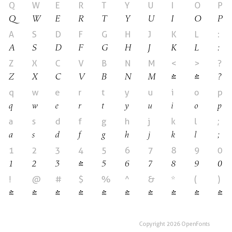 Character Map of FONTSPRING DEMO - Classica Pro Light Italic