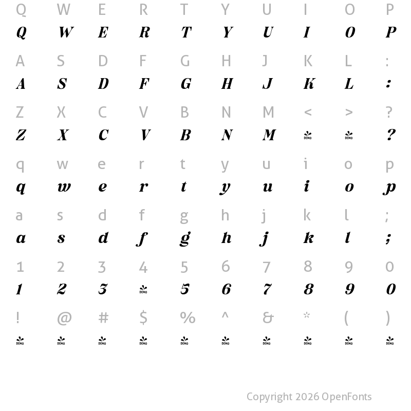 Character Map of FONTSPRING DEMO - Classical Diary Italic