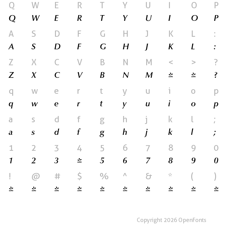 Character Map of FONTSPRING DEMO - ClassicoURWMed Italic