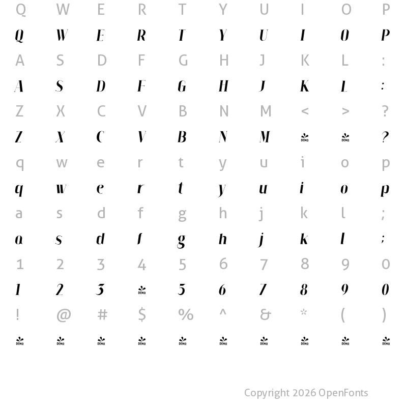 Character Map of FONTSPRING DEMO - Claudia Fiesta Italic