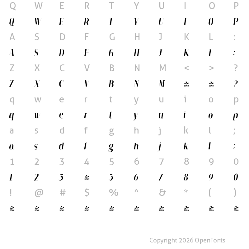 Character Map of FONTSPRING DEMO - Claudia Fiesta Thin Italic