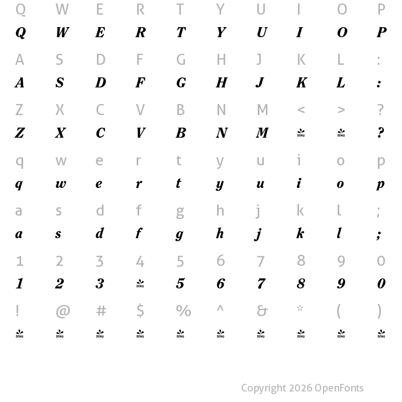 Character Map of FONTSPRING DEMO - Clearface FS Bold Italic