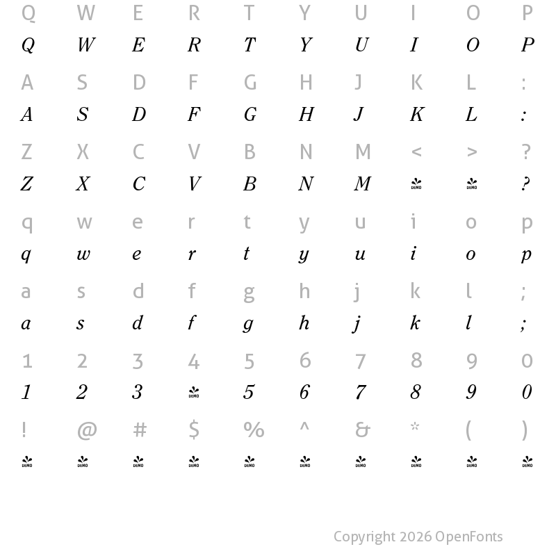 Character Map of FONTSPRING DEMO - Clearface FS Italic