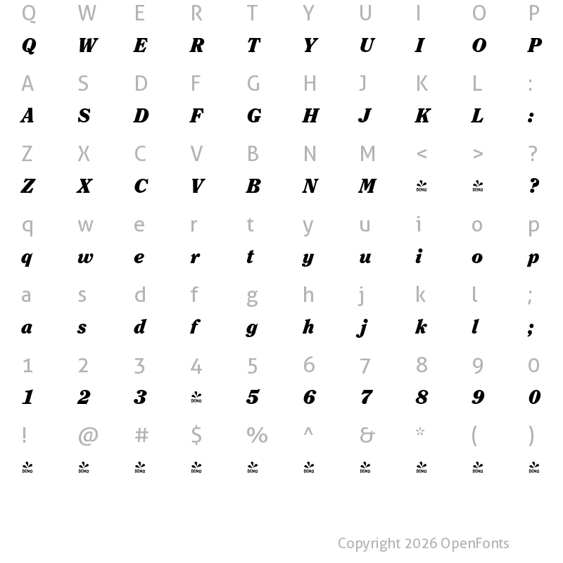 Character Map of FONTSPRING DEMO - Clearface FS Medium Bold Italic
